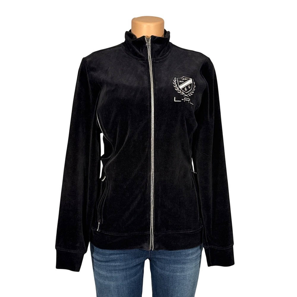 Lauren Ralph Lauren Womens Black Velour Full Zip Track Jacket Crest Logo 1X NWOT
